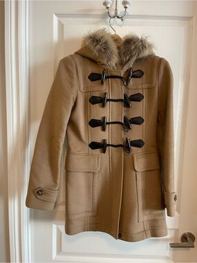 Burberry Brit Toggle Beige Coat with Fur Trim size 4